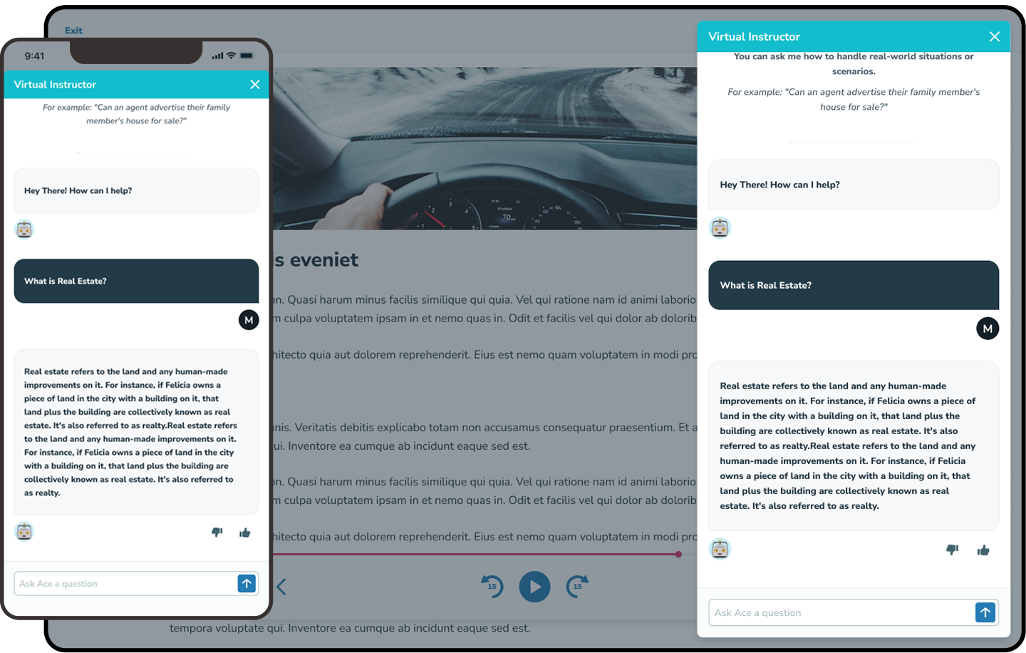 Virtual Instructor AI chat feature shown on phone and desktop
